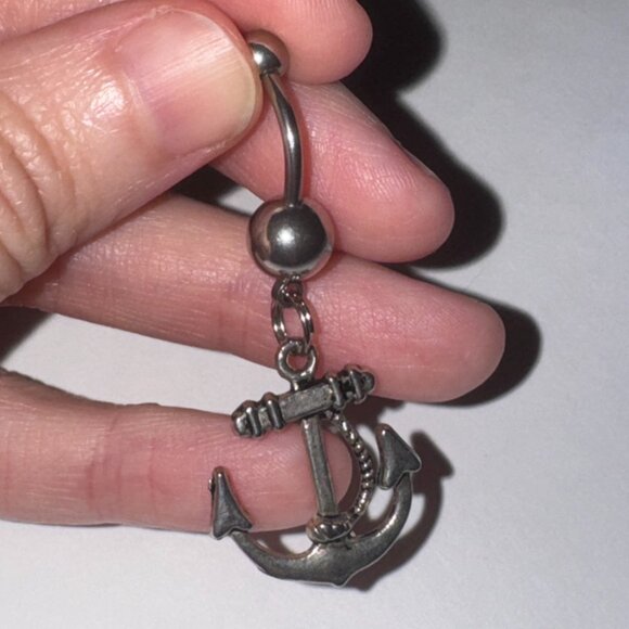 Large Anchor with Rope and Pink Gem Dangle Belly Ring - Picture 15 of 16